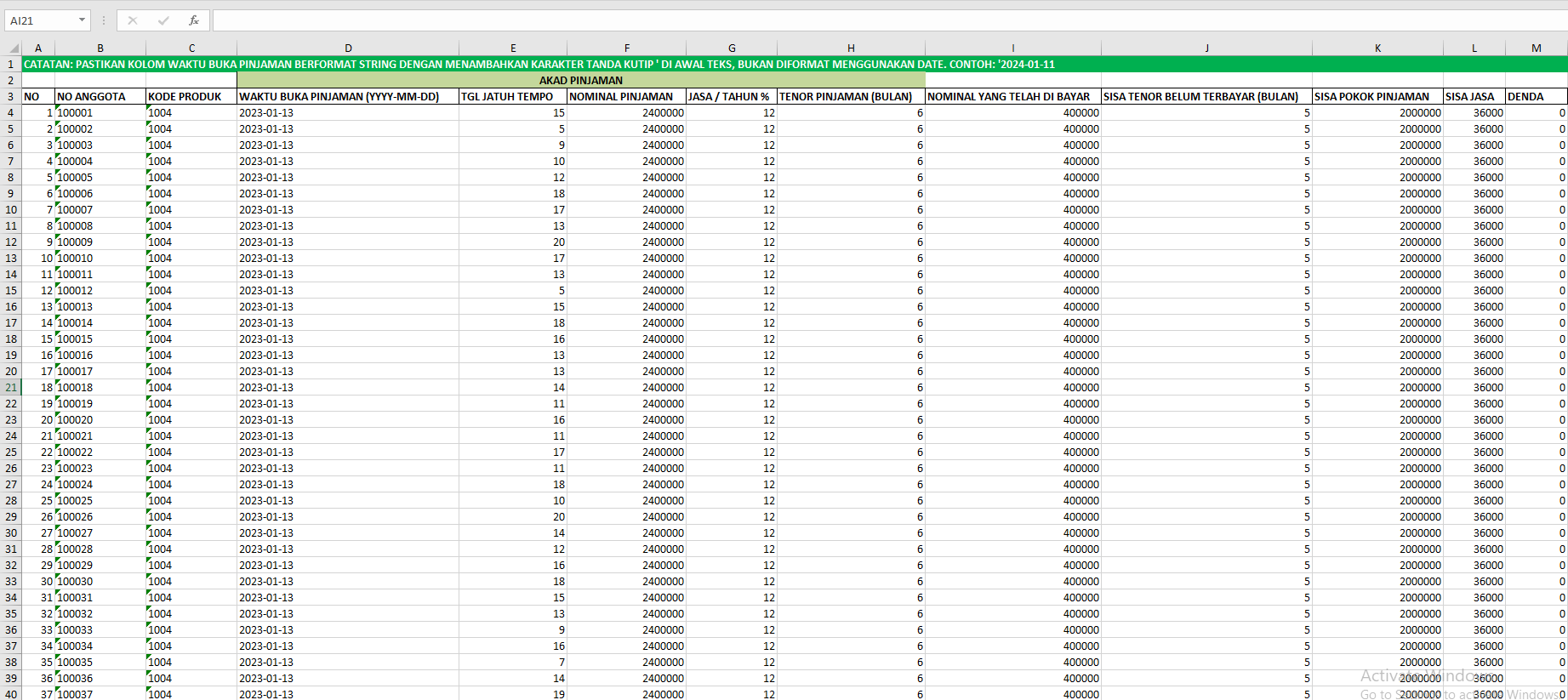 Screenshot Excel Migration Sheet Loan