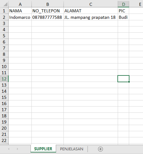 Screenshot excel supplier