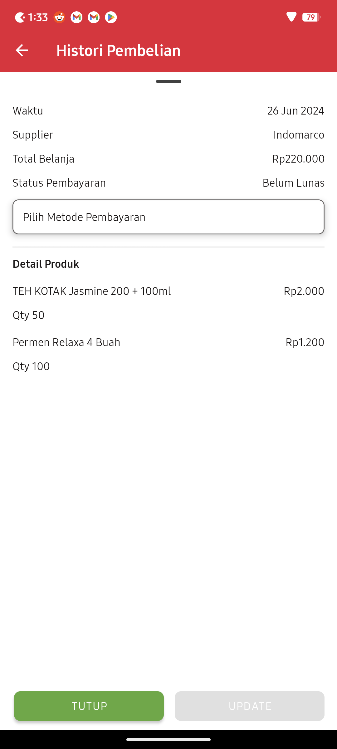 Screenshoot detail history stock buying unpaid