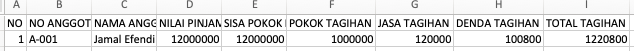 Screenshot Contoh data template list tagihan peranggota - acuan