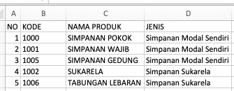 Screenshot Contoh data template excel sheet produk