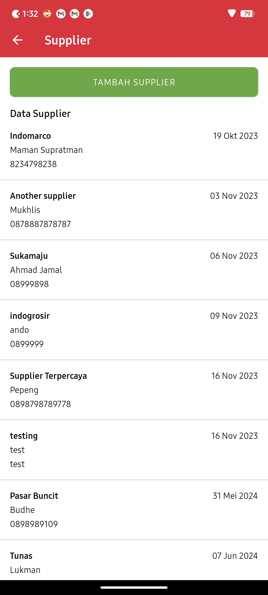 Screenshoot list supplier