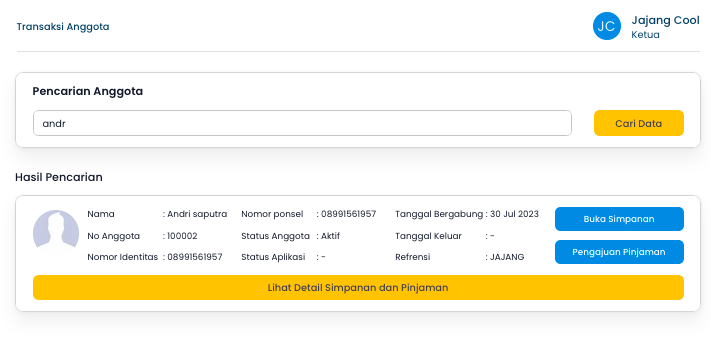 Screenshot Cari Transaksi Member